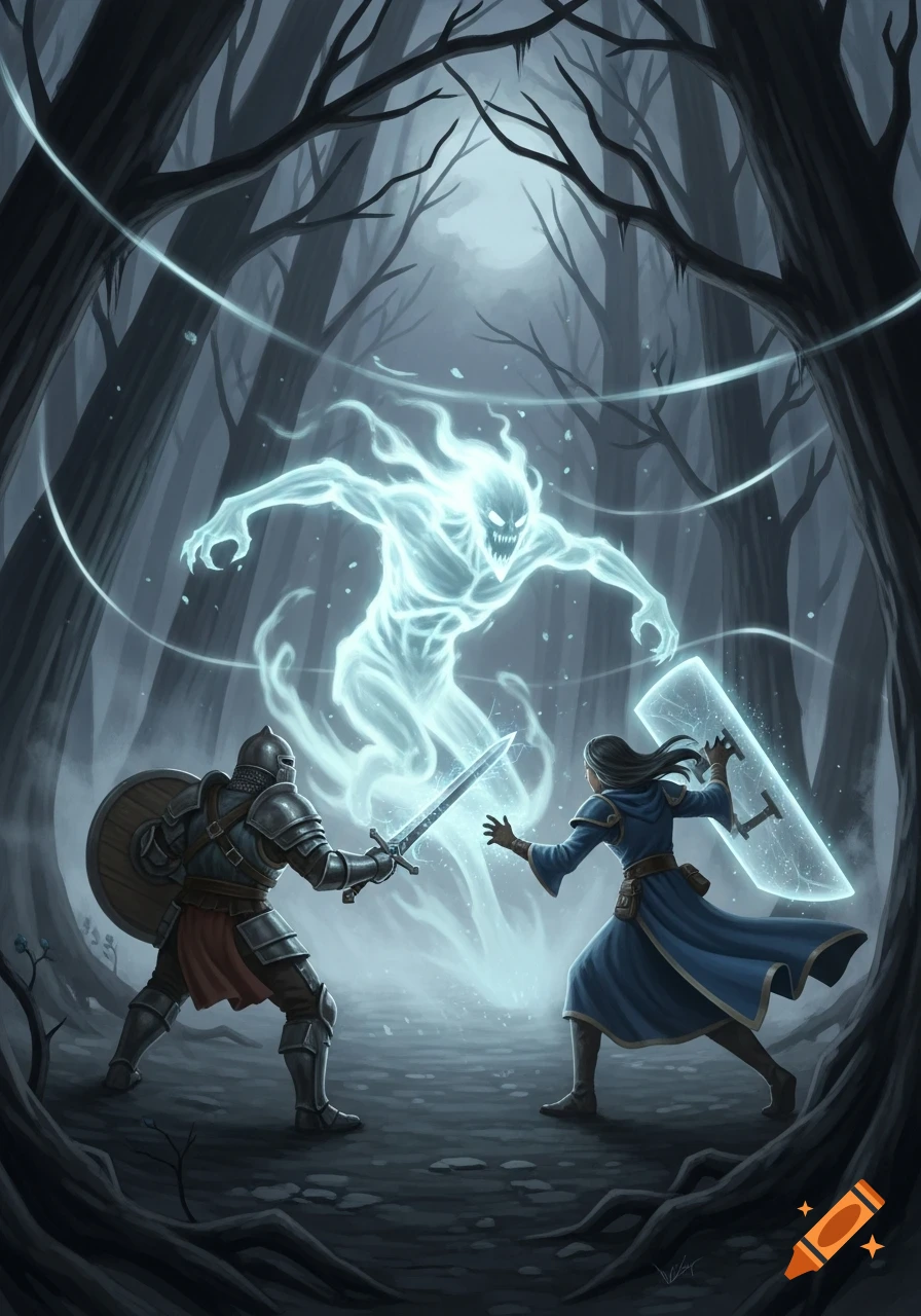 A knight and a mage confront a glowing, monstrous ghost elemental in a dark, spooky forest at night.