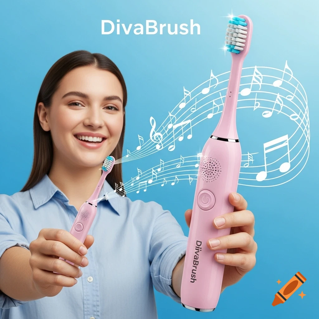 A smiling woman holds up two pink electric toothbrushes, with music notes floating around them, against a blue background.