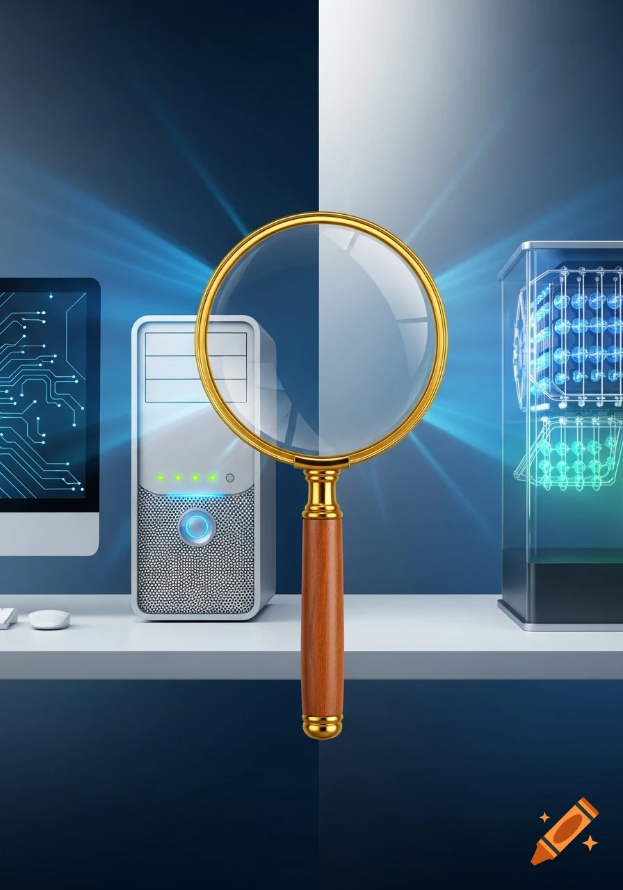 A magnifying glass divides an image of a traditional desktop computer on the left and a quantum computer on the right, against a blue background.