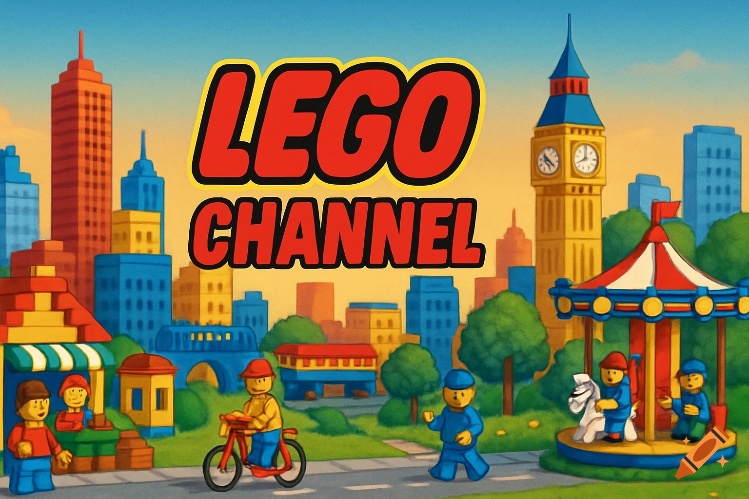 A vibrant, cartoon illustration of Lego minifigures in a city with "LEGO CHANNEL" text. Features a clock tower and carousel.