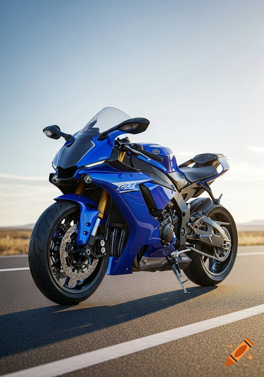 A blue Yamaha R1 motorcycle parked on an asphalt road under a clear sky.