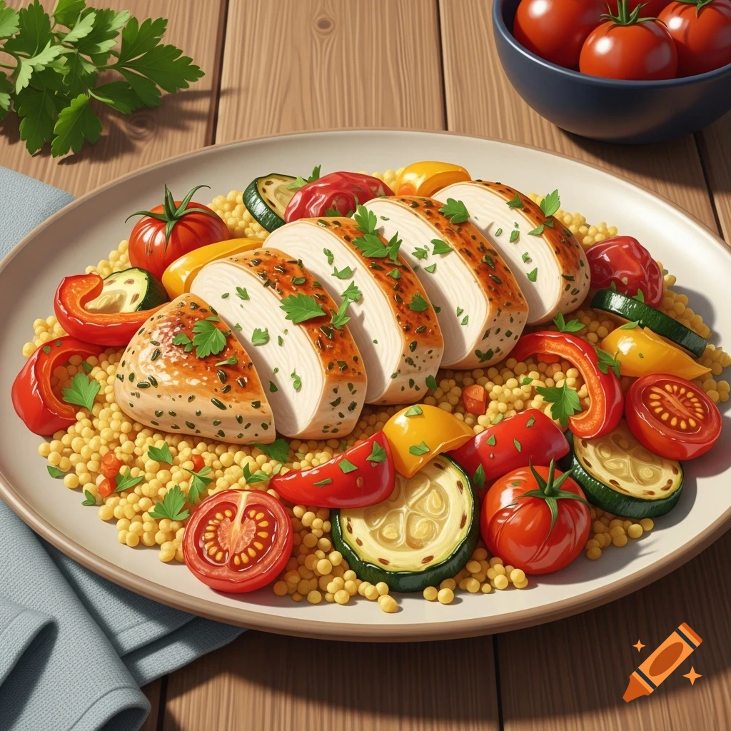 Photorealistic chicken breast sliced and served with pearl couscous, roasted bell peppers, zucchini, and cherry tomatoes.