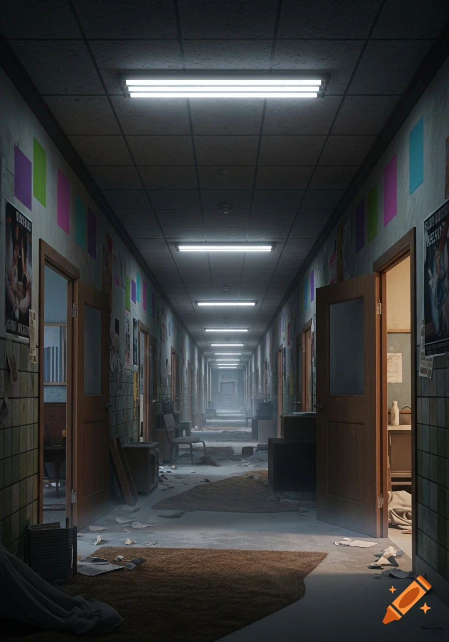 A long, dimly lit, abandoned hallway with debris on the floor, posters on the walls, and open doors leading to unseen rooms.
