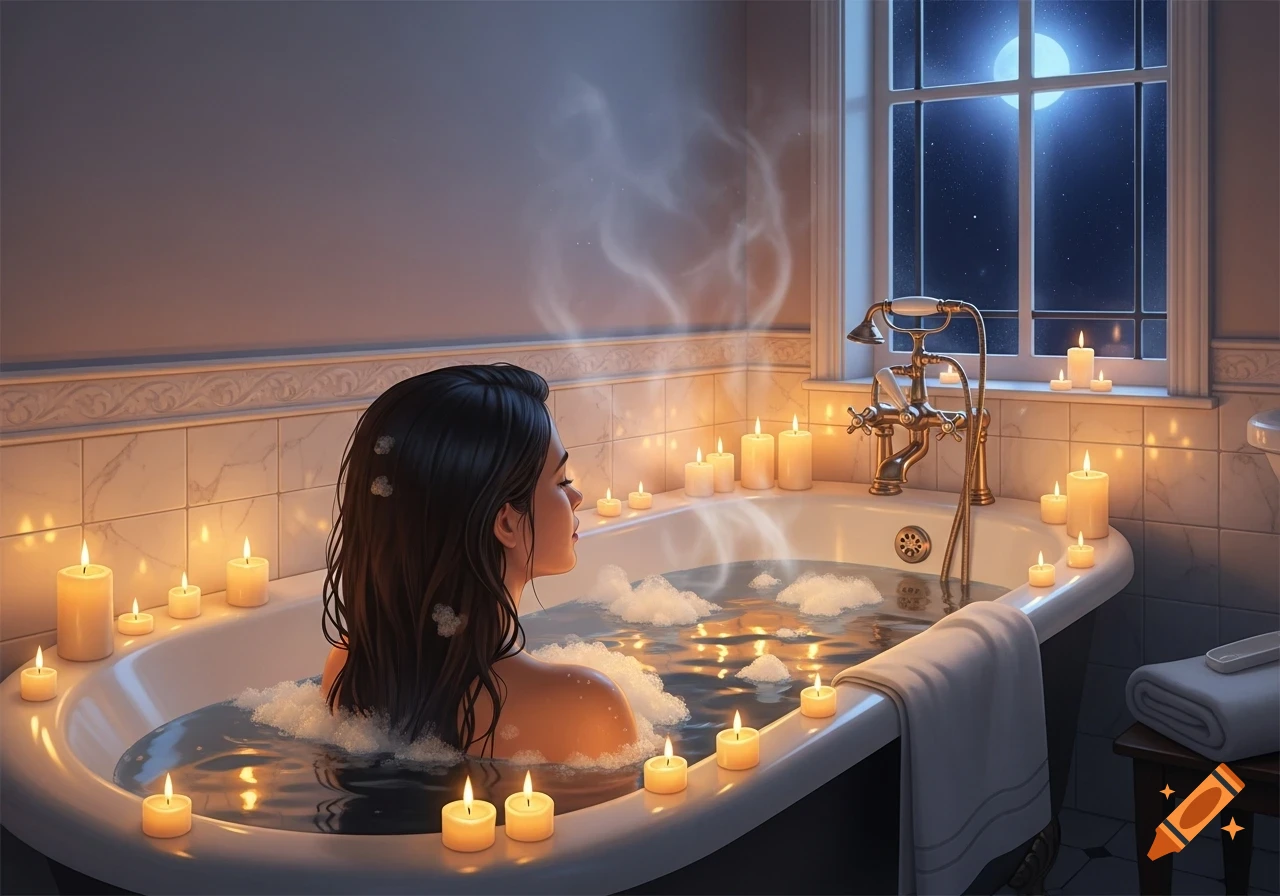 Woman with dark hair relaxing in a candlelit bubble bath at night, viewed from the side.