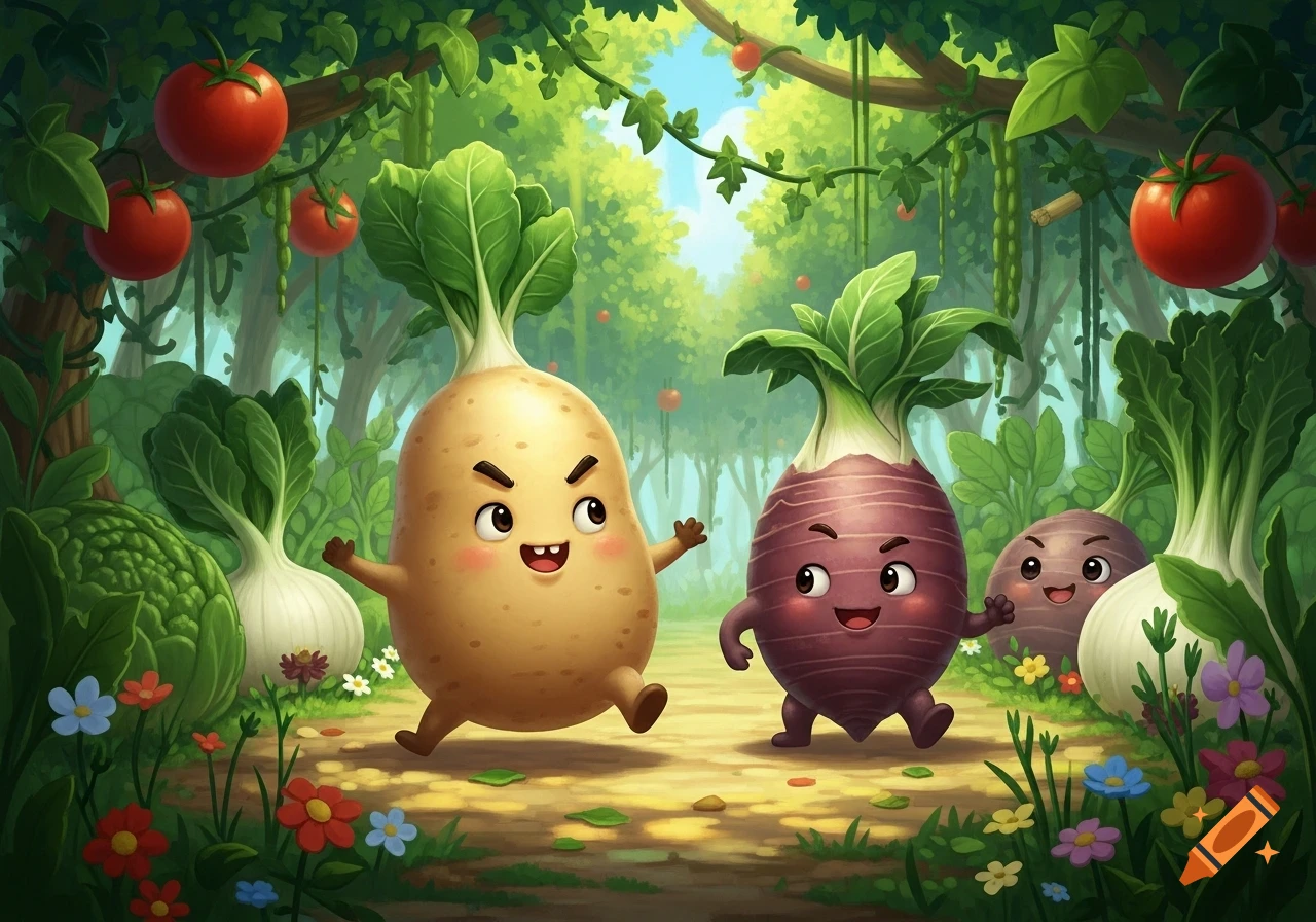 Cartoon potato and taro root characters waddling mischievously through a lush, jungle-like garden with other vegetables and tomatoes.