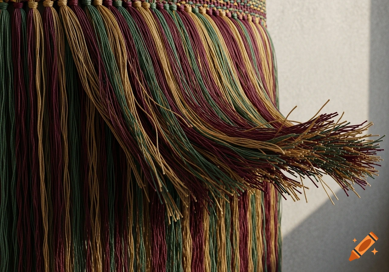 Close-up of vibrant green, maroon, and gold textured fringe, with threads cascading in soft light.