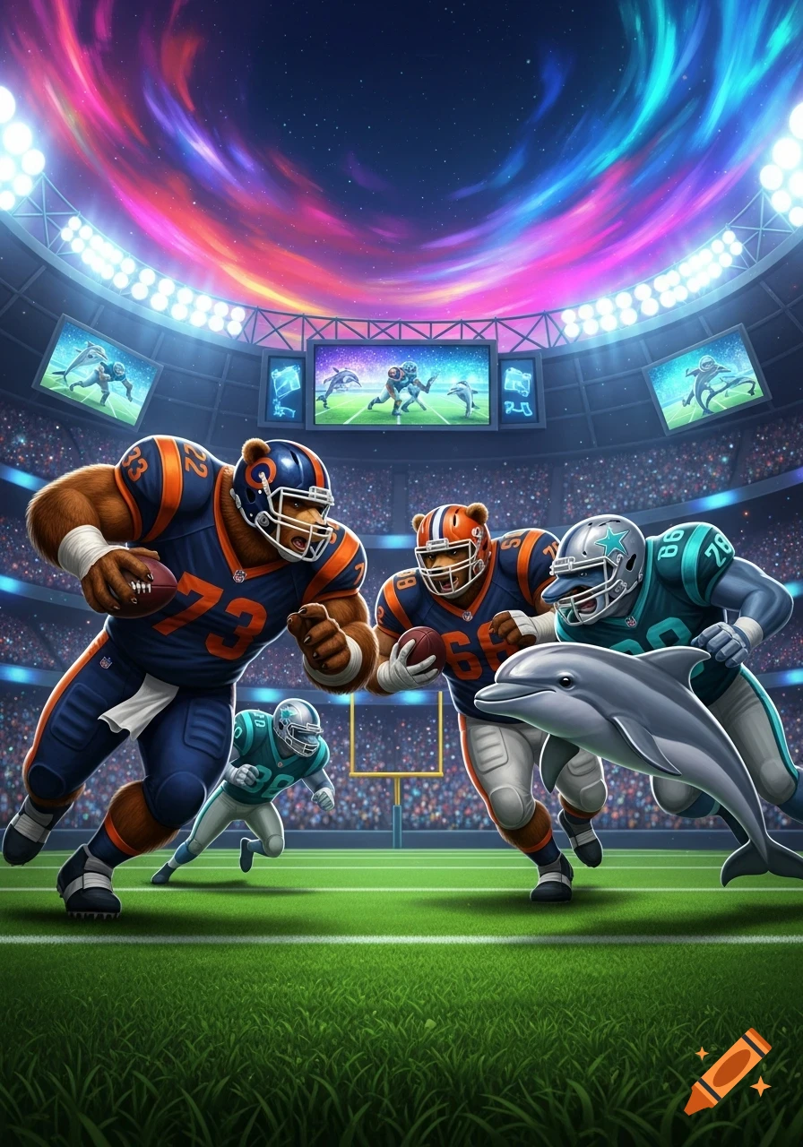 Vibrant cartoon illustration of anthropomorphic bear and dolphin football players clashing in a brightly lit stadium with a colorful aurora sky.