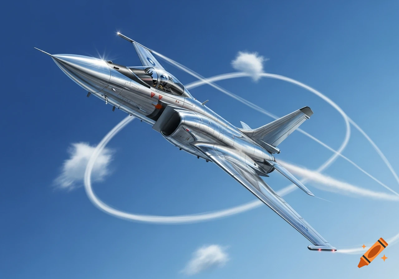 A sleek, chrome fighter jet soars through a bright blue sky, leaving white contrails in its path.
