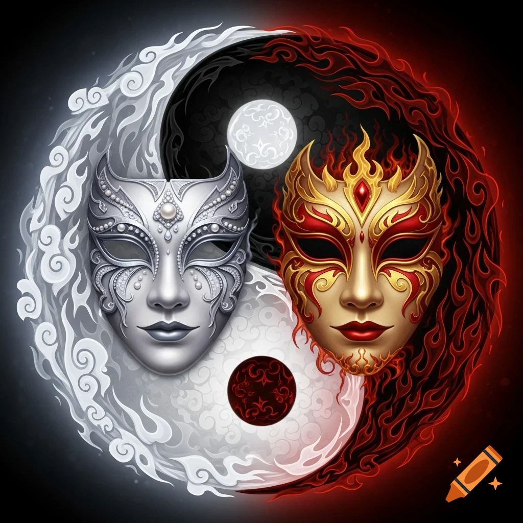 Ornate silver and gold masquerade masks against a stylized black and white Yin Yang symbol with swirling patterns.
