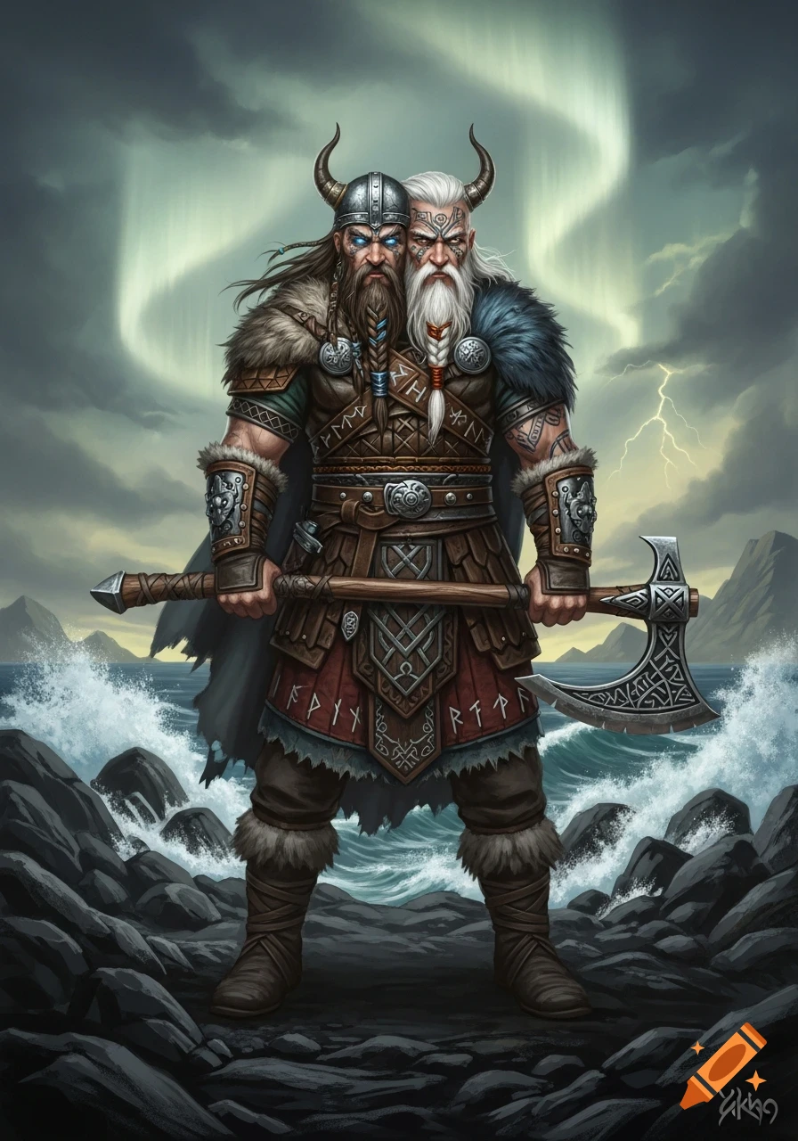 A two-headed Viking warrior holding a double-bladed axe stands on a rocky shore under an aurora-lit, stormy sky, in a detailed fantasy art style.