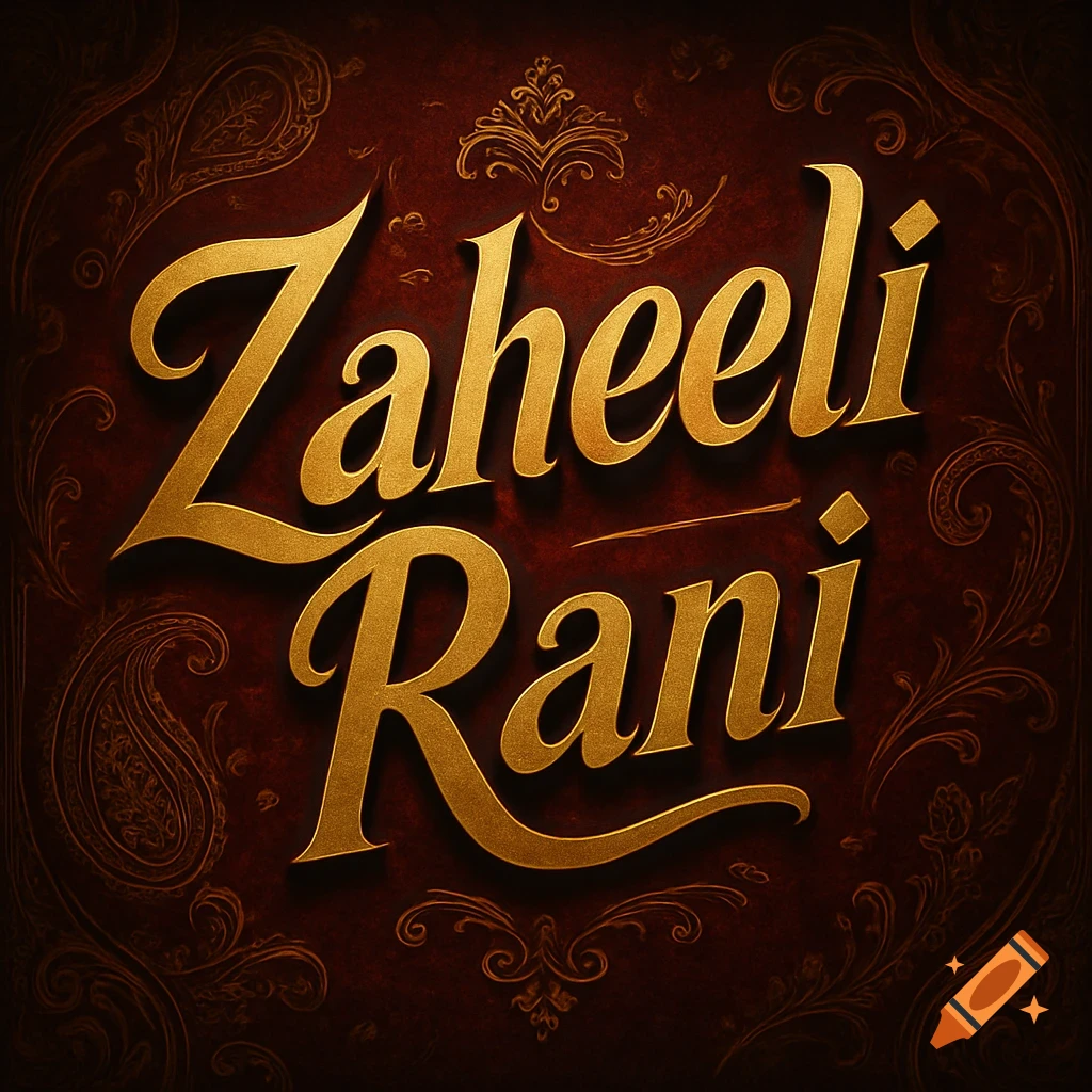 Golden, ornate text spelling 'Zaheeli Rani' on a dark red textured background with decorative patterns.