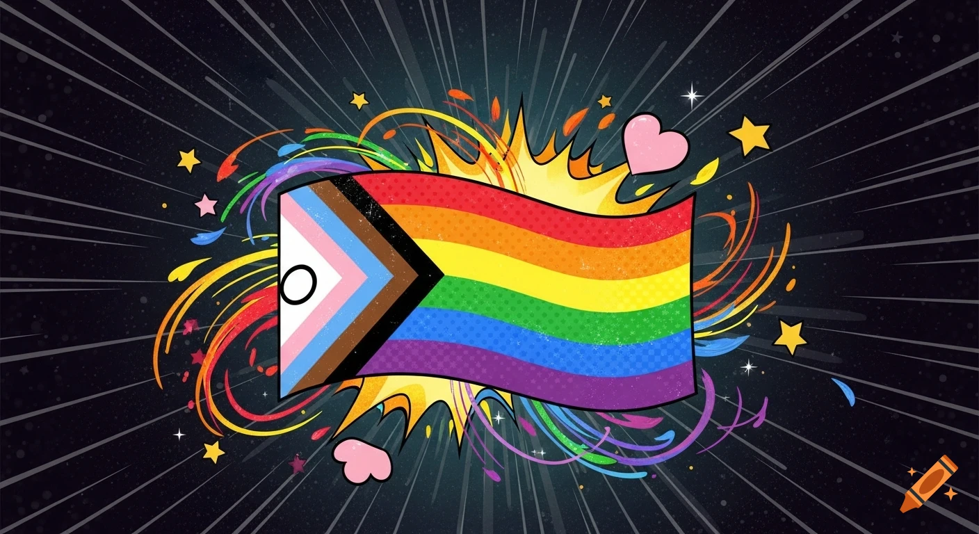 A vibrant comic art illustration of a waving Progress Pride flag surrounded by colorful bursts, stars, and sparkles on a dark, radial background.
