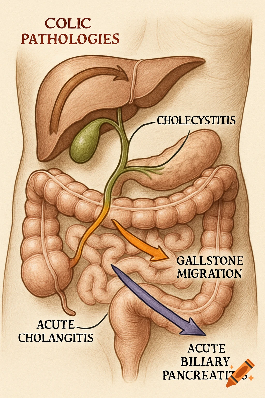 An anatomical diagram of the human torso showing the liver, gallbladder, pancreas, and intestines, with labels and arrows indicating colic pathologies, gallstone migration, cholecystitis, cholangitis, and biliary pancreatitis.