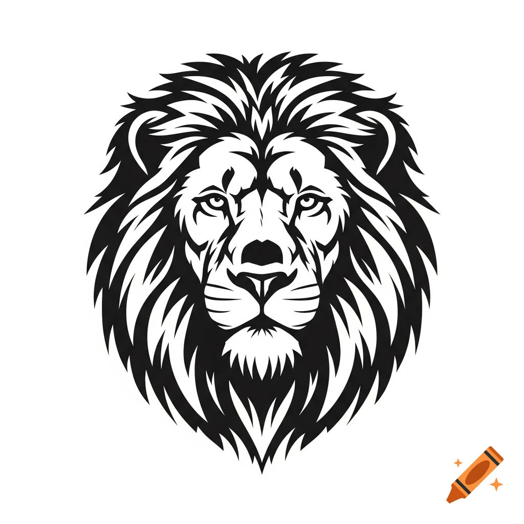 A striking black and white vector art illustration of a lion's head in a flat, minimal, stencil style.