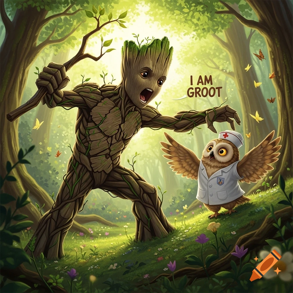 Groot, a tree-like creature, raises a stick menacingly at a startled owl dressed as a nurse in a lush, sunny forest, with the text "I AM GROOT" beside him.