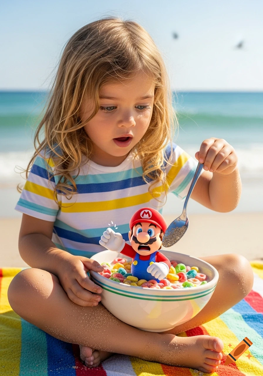 A hyper realistic image of a little girl on a beach looking at a panicked Super Mario in her cereal bowl, holding a spoon.