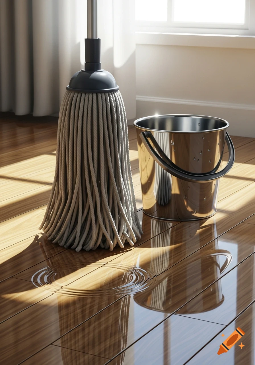 A photorealistic image of a mop and a silver bucket on a wet, shiny wooden floor, bathed in sunlight near a window.