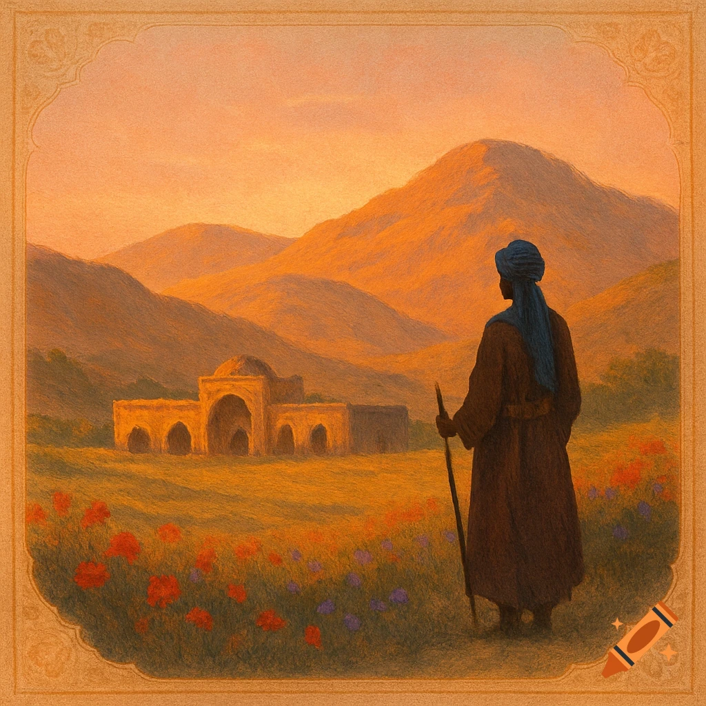 A person in a blue turban and brown robe stands in a field of flowers, gazing at an ancient building and mountains at sunset, in a textured art style.
