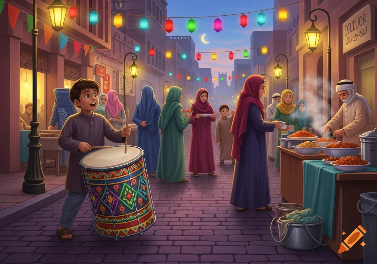 A festive street scene at night shows a boy playing a large drum, while people in traditional attire gather around food stalls under colorful lanterns and a crescent moon.