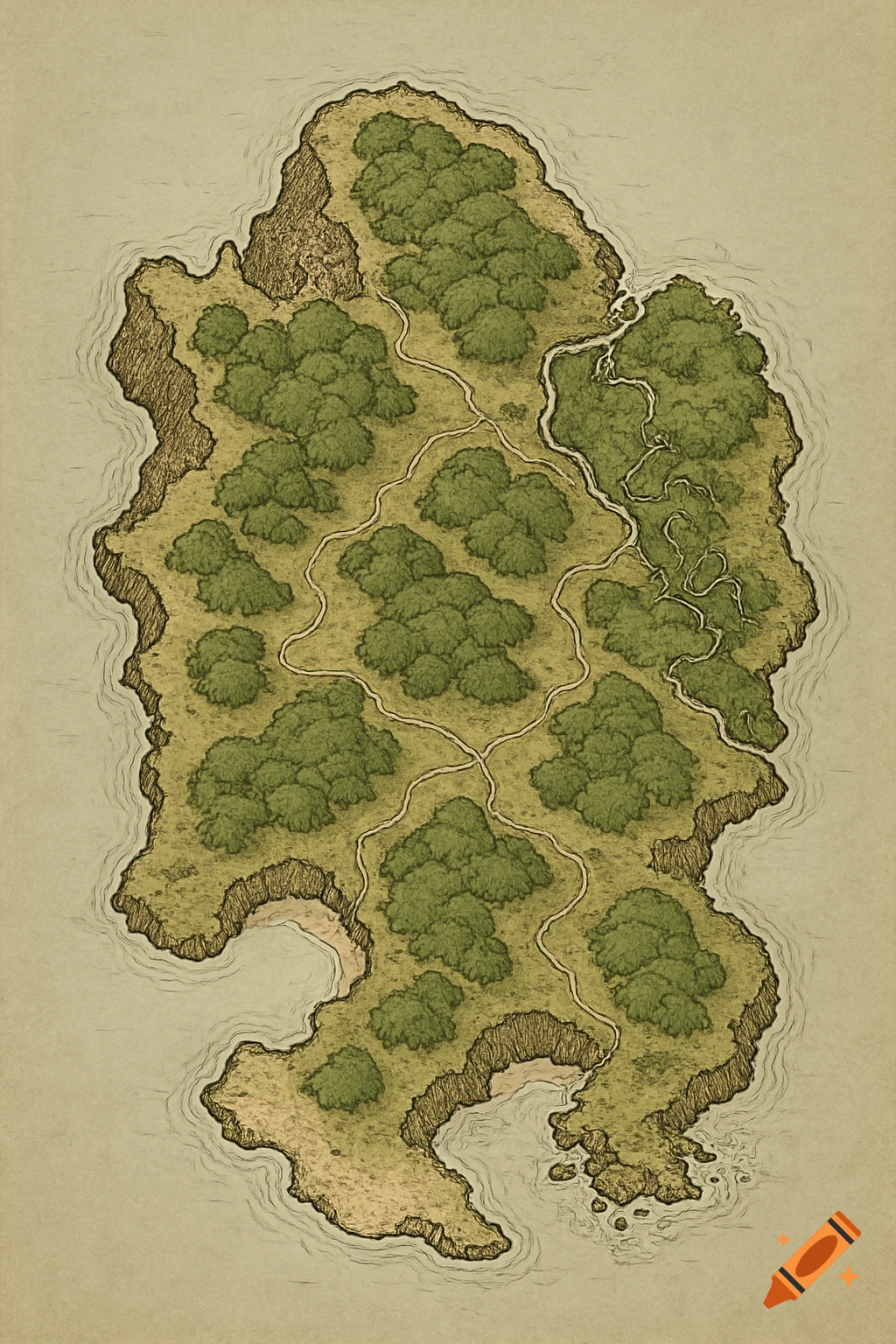 A top-down fantasy map of a pirate island with dense forests, rivers, paths, beaches, and rocky cliffs along its coastline.