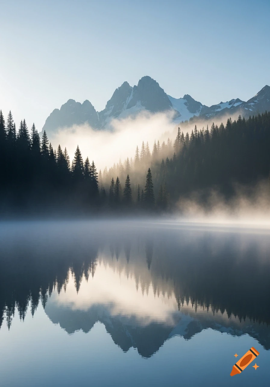 Photorealistic mountain lake at dawn with fog, sun rays through a ...