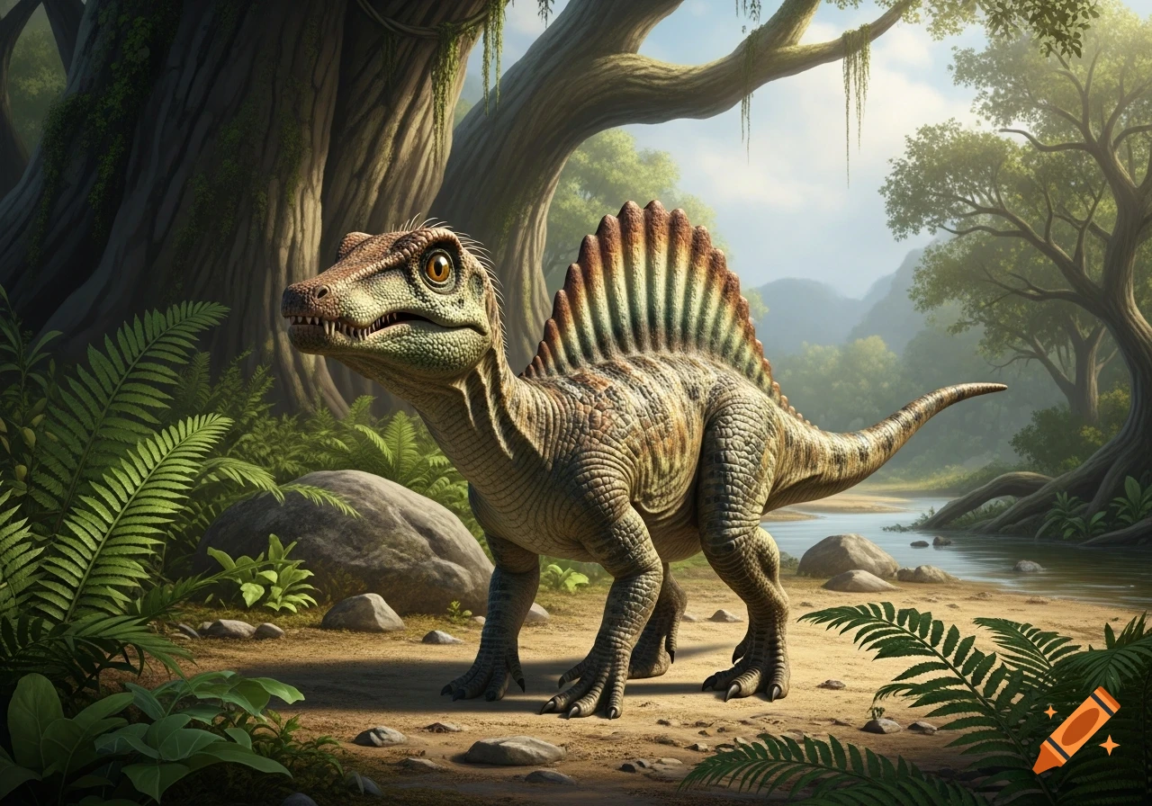 A realistic baby Spinosaurus stands in a lush prehistoric jungle next to a winding stream.