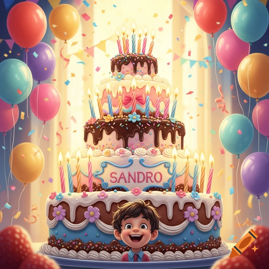 Vibrant illustration of a multi-tiered birthday cake with 'SANDRO' on it, surrounded by colorful balloons, confetti, and a happy child's face.