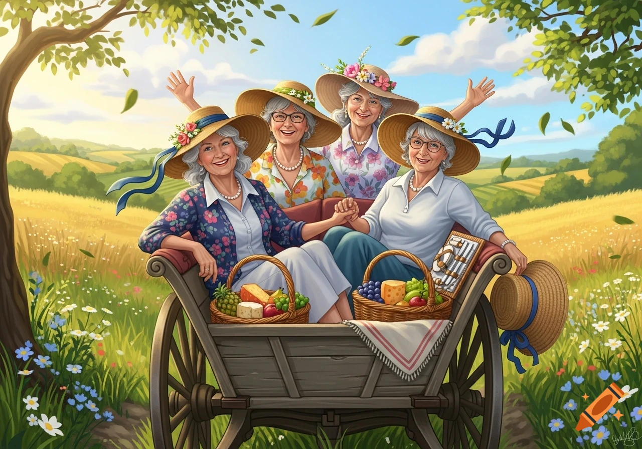 Four elderly women in sun hats sit in a wooden cart with picnic baskets, smiling in a sunny, green countryside illustration.