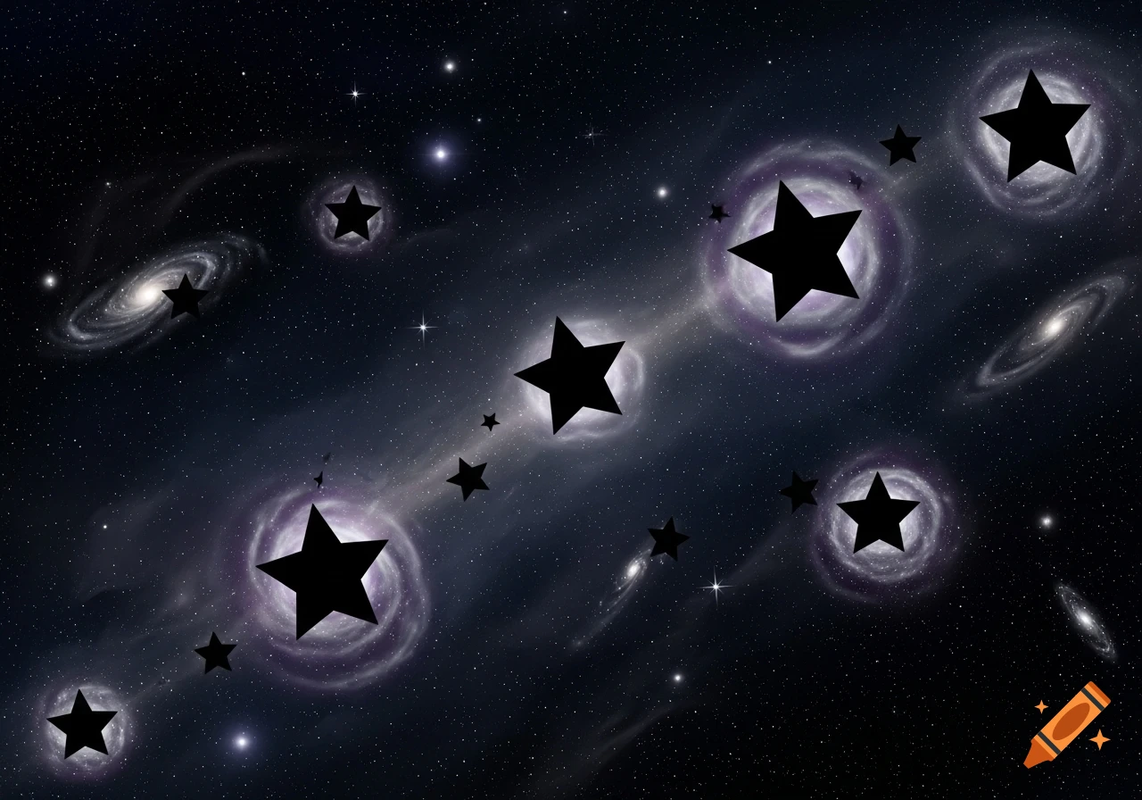 A dark cosmic background with a purple nebula and spiral galaxies, featuring numerous black five-pointed stars scattered throughout the scene.