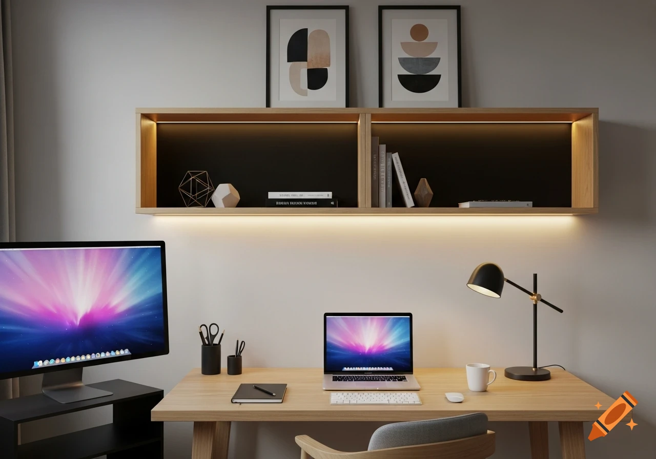 A modern minimalist workspace features a light wooden desk with a laptop and a large monitor. A wooden shelf with abstract art hangs above.