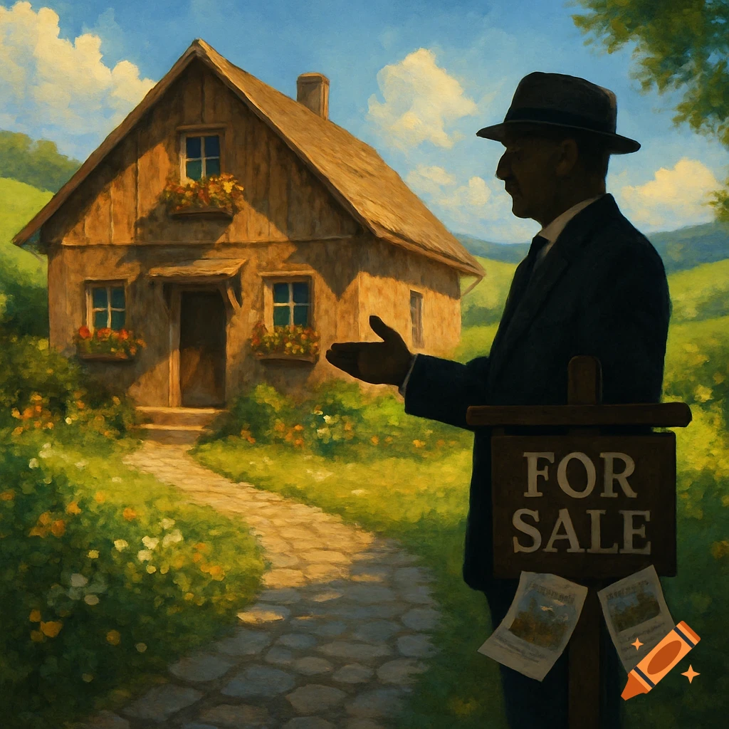 A man in a suit and hat stands in front of a rustic wooden house with a 'FOR SALE' sign, in a painterly landscape style.