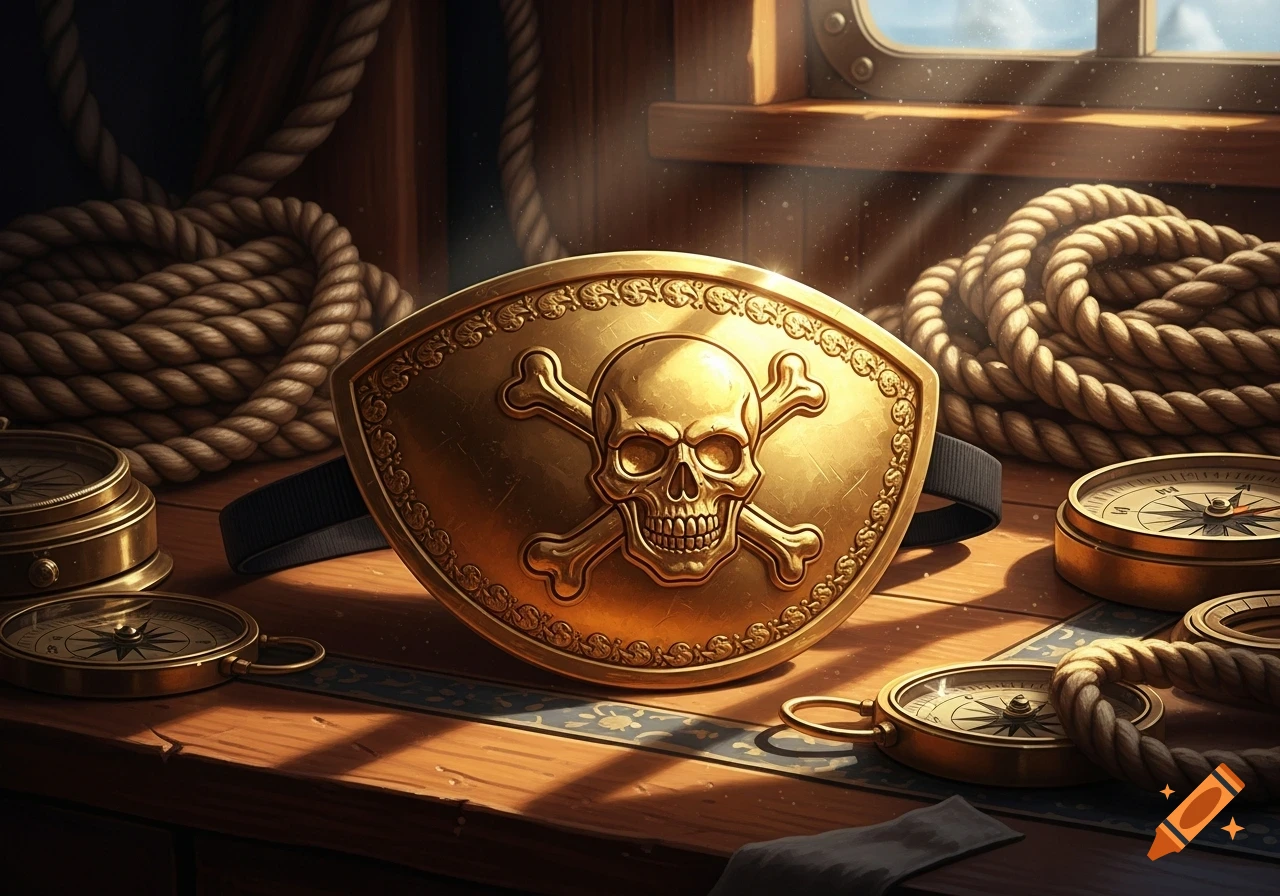 A golden pirate eye patch with an embossed skull and crossbones rests on a wooden deck, surrounded by coiled ropes and brass compasses, illuminated by sunlight.