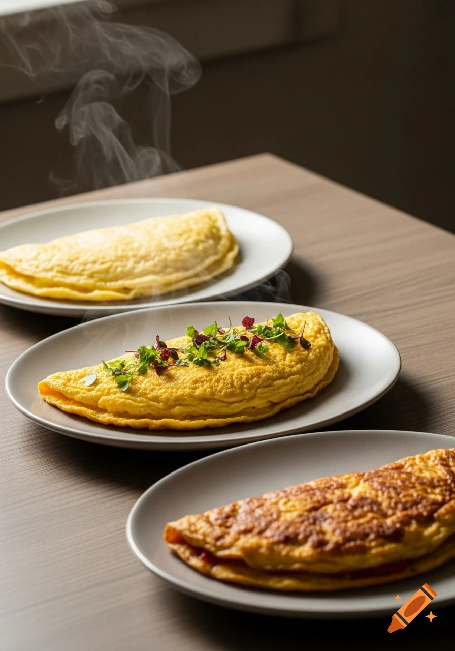 Three steaming omelets on plates, one garnished with herbs, on a wooden table.