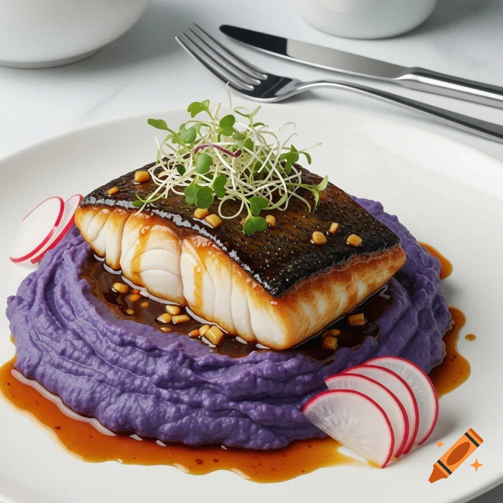 Glazed black cod on mashed purple potatoes, garnished with microgreens, radish slices, and nuts, on a white plate.