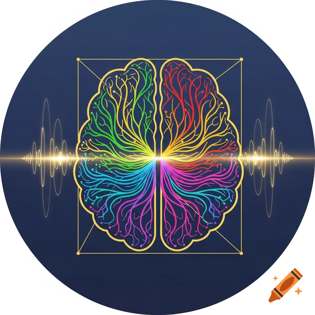 A stylized, rainbow-colored brain with glowing sound waves inside a golden square on a dark blue circular background.