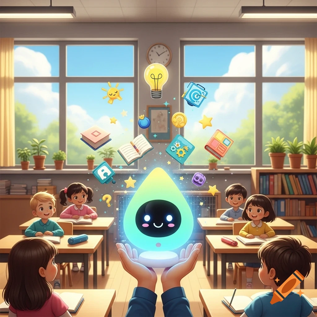 A glowing, friendly AI creature held by hands in a bright classroom with smiling children and floating educational symbols.
