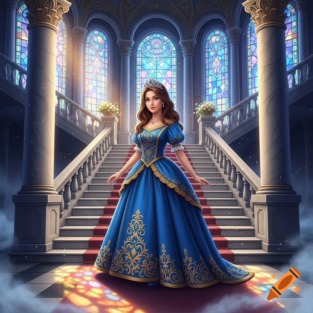 A princess in a blue and gold gown stands on a grand red-carpeted staircase in a castle hall with large stained glass windows.