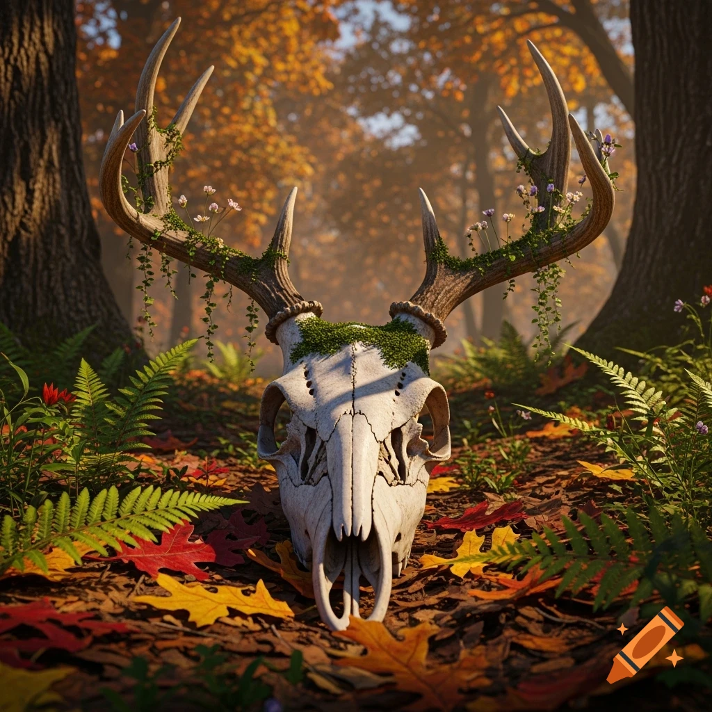 A photorealistic image of a deer skull with moss and small flowers ...