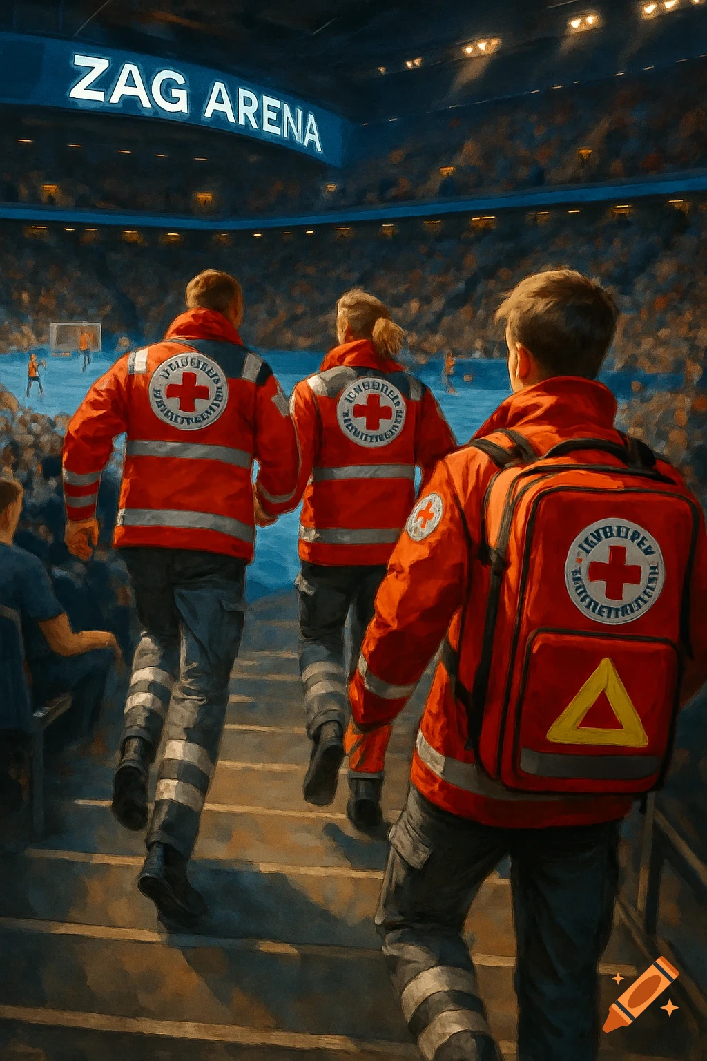 Three emergency responders in red jackets and grey pants run up stairs in a crowded sports arena during a handball game, in a painterly style.