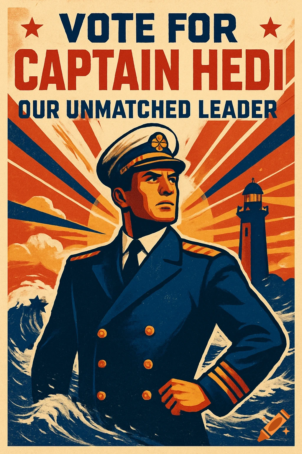 Vintage propaganda poster of a stern captain, lighthouse, and waves, with text 'VOTE FOR CAPTAIN HEDI OUR UNMATCHED LEADER'.