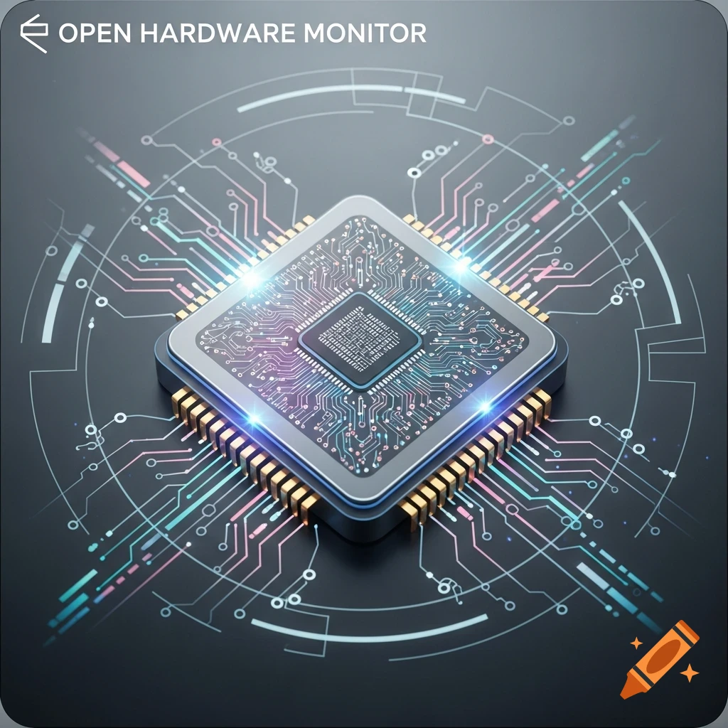 A stylized program icon featuring a computer processor chip surrounded by glowing circuit lines on a dark background, with text 'OPEN HARDWARE MONITOR'.