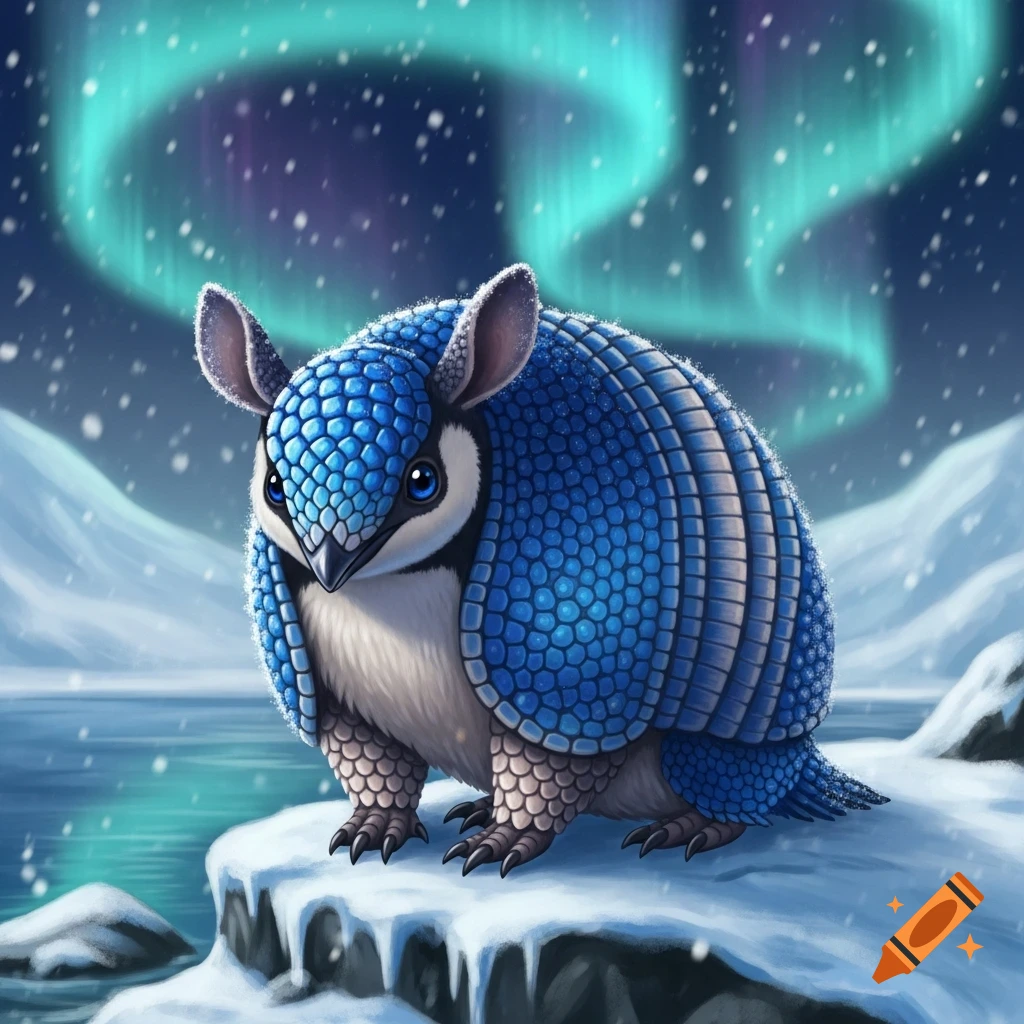 A cute blue fantasy creature resembling a penguin-armadillo hybrid, with a textured, blueberry-like shell, stands on a snowy ledge under an aurora borealis.