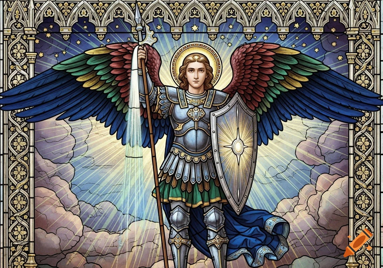 St. Michael the Archangel in a vibrant stained glass style, wearing intricate armor, holding a spear and shield, with colorful wings.