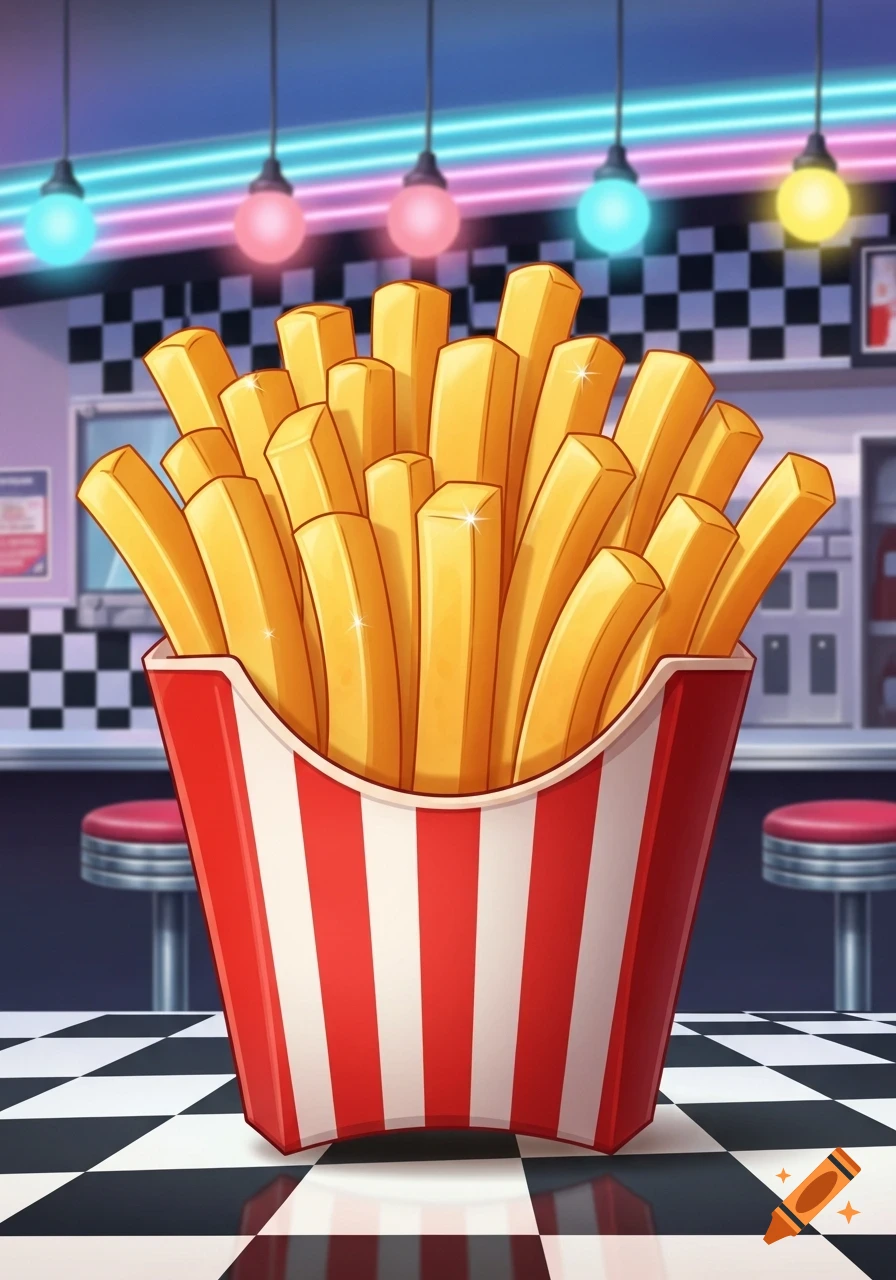 A cartoon illustration of a large serving of golden french fries in a red and white striped container, set in a retro diner with neon lights.