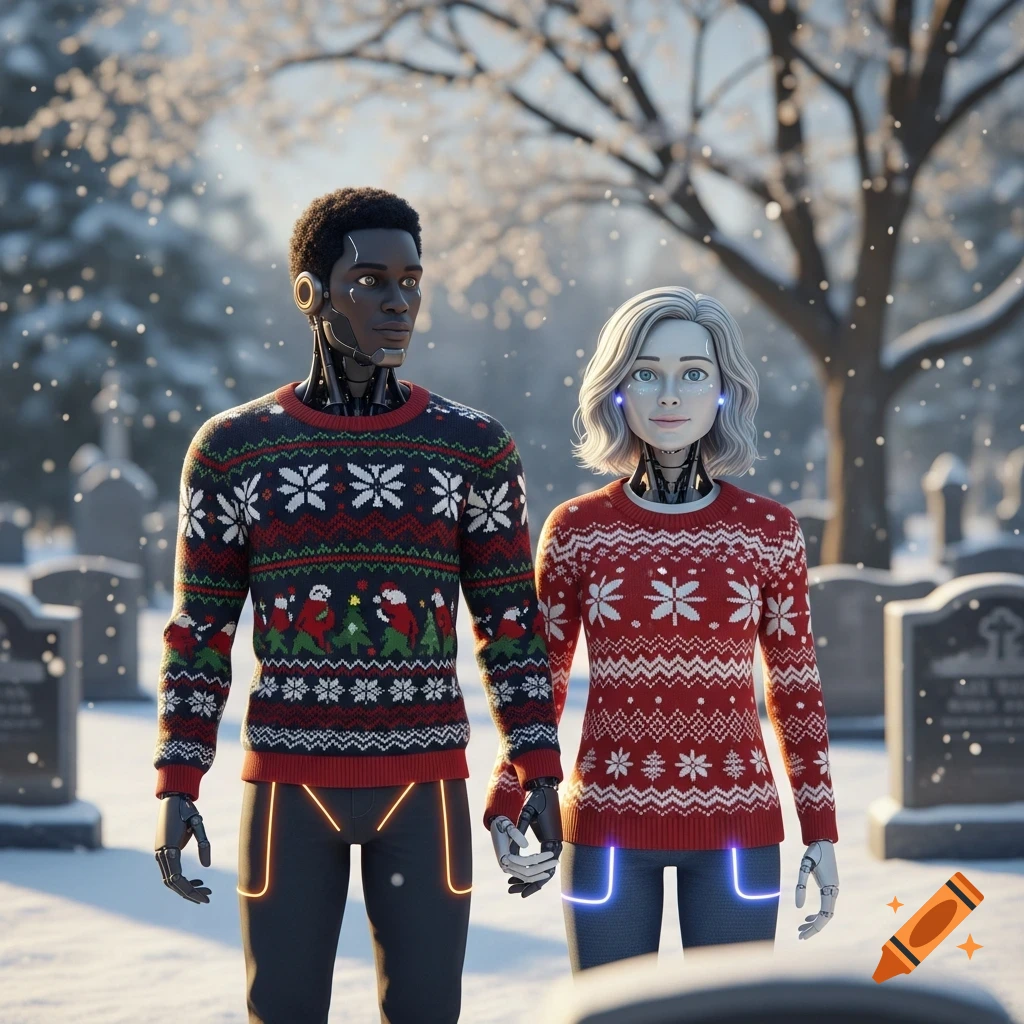Two photorealistic androids, a male and a female, wearing Christmas sweaters and holding hands in a snow-covered cemetery.