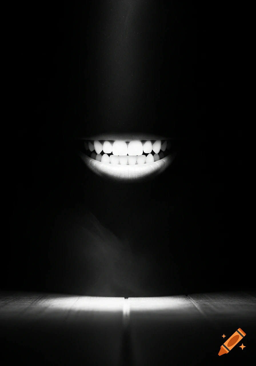 A close-up of a creepy smile with glowing white teeth in a dark, black and white setting.