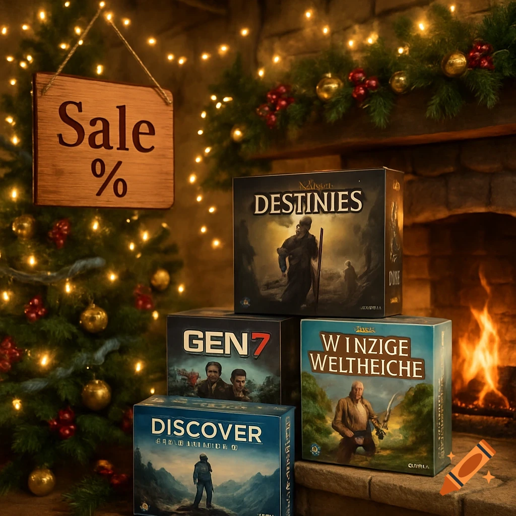Four board games, including Destinies and Discover, on display in a festive Christmas scene with a decorated tree, fireplace, and 'Sale %' sign.