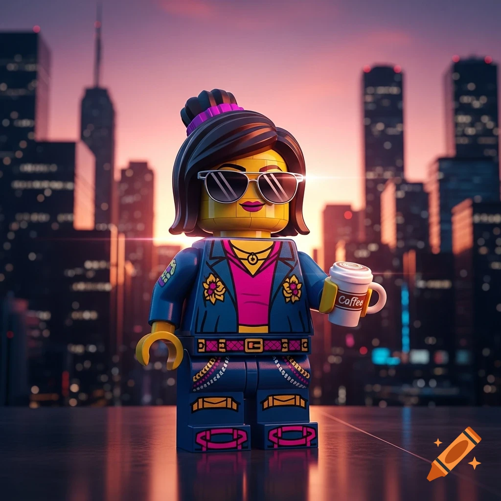 A stylish Lego minifigure girl in sunglasses, a blue jacket, and a pink top holds a coffee cup in front of a city skyline at sunset.
