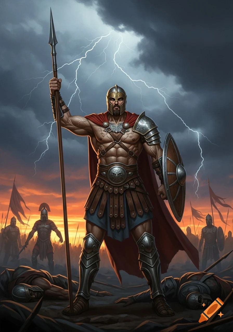 Powerful warrior with spear and shield stands triumphantly over fallen foes on a battlefield with lightning in the sky.