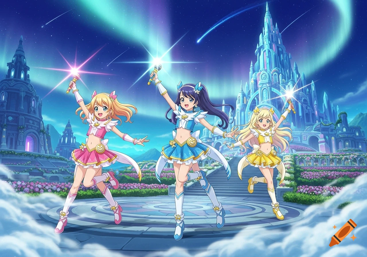 Three anime magical girls in colorful outfits sing on a stage in a fantasy world with glowing castles and aurora in the night sky.